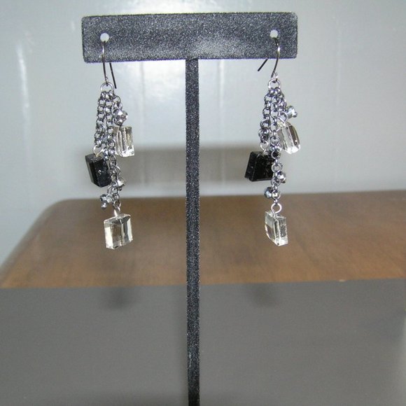 Black Glass and Gray Crystal Dangling Earrings - Picture 1 of 3